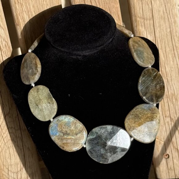 Chunky Labradorite Statement Necklace Polished Iridescent Stone Jewelry Boho 925 - Picture 6 of 16